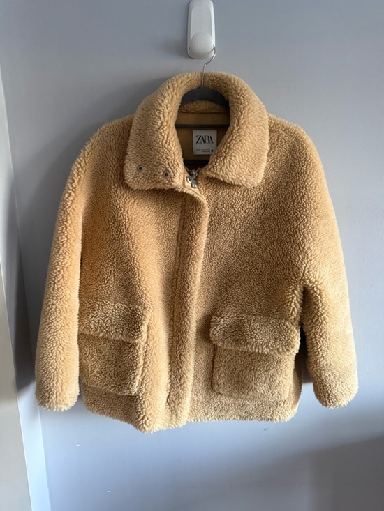 Zara Jackets & Blazers - Zara Teddy Jacket Sherpa Fleece Camel Tan Cozy Zip Coat XS Oversized Pockets